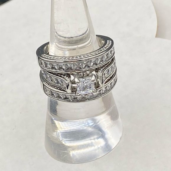 Sterling Silver Wedding Engagement 3 Piece Ring Set - Picture 6 of 13